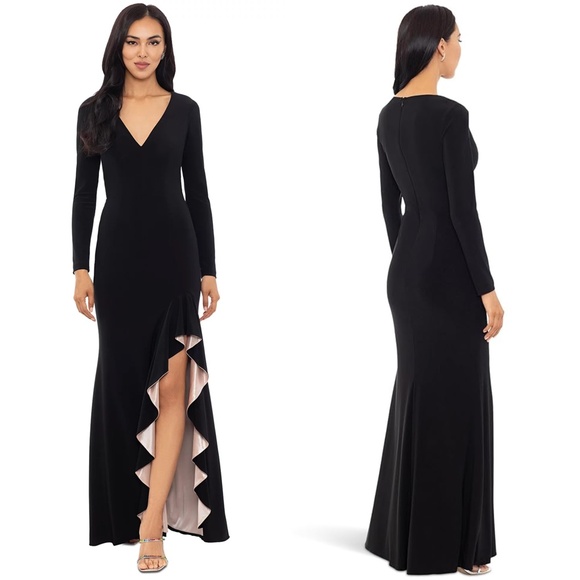 NEW XSCAPE Black Jersey LONG-SLEEVE Draped RUFFLE Contrast-Slit EVENING GOWN - Picture 2 of 10